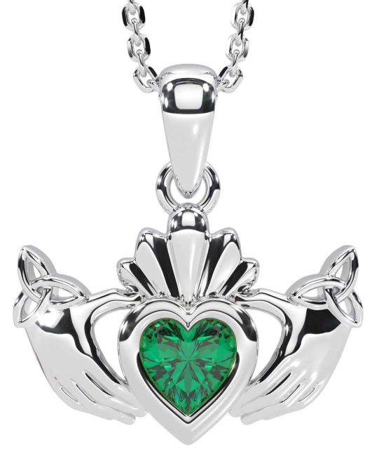 Emerald Silver Claddagh Trinity Knot Necklace