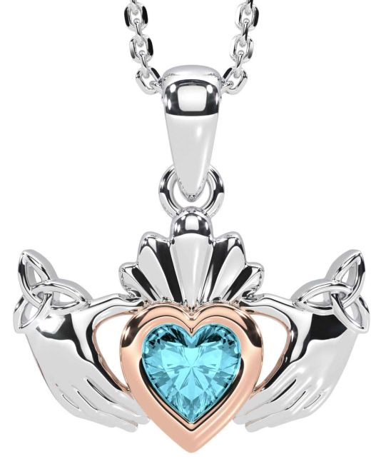 Aquamarine Rose Gold Silver Claddagh Trinity Knot Necklace