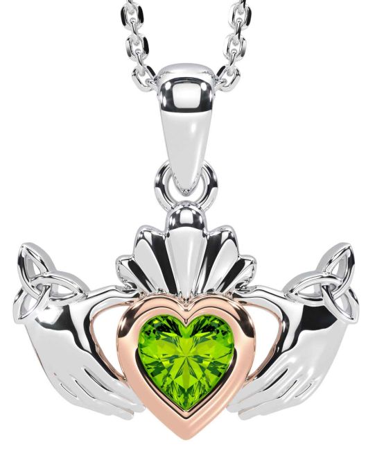 Peridot Rose Gold Silver Claddagh Trinity Knot Necklace