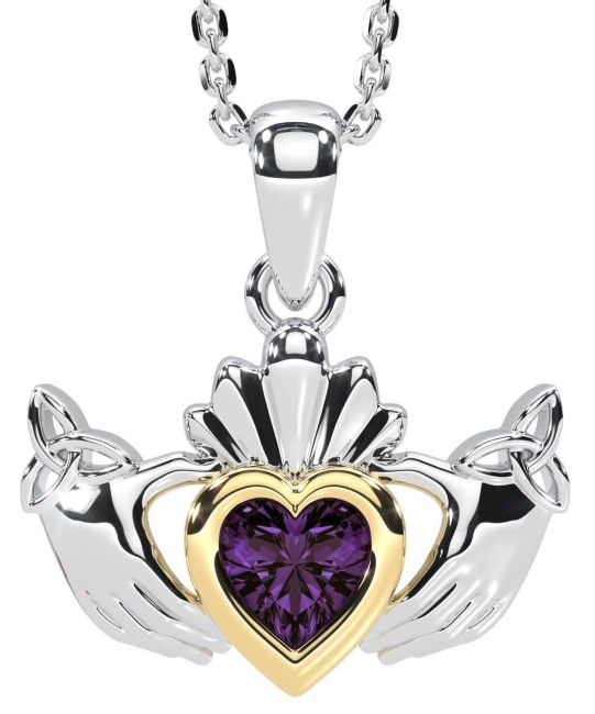 Alexandrite Gold Silver Claddagh Trinity Knot Necklace