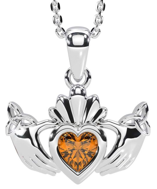 Citrine White Gold Claddagh Trinity Knot Necklace