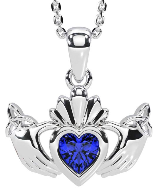 Sapphire White Gold Claddagh Trinity Knot Necklace