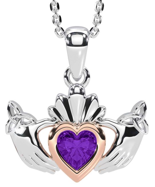 Amethyst White Rose Gold Claddagh Trinity Knot Necklace