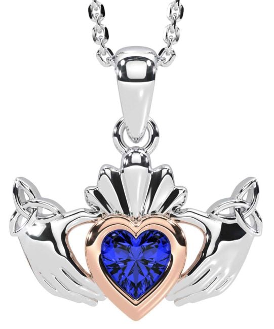 Sapphire White Rose Gold Claddagh Trinity Knot Necklace