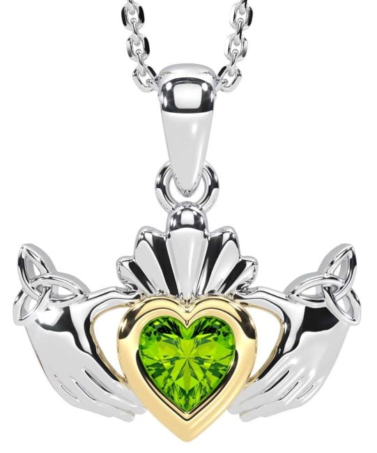 Peridot White Yellow Gold Claddagh Trinity Knot Necklace