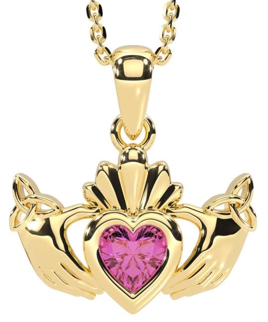 Pink Tourmaline Gold Claddagh Trinity Knot Necklace