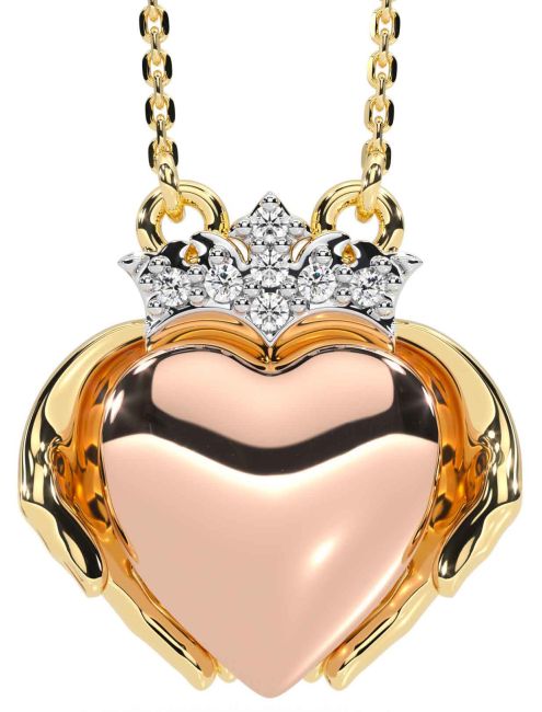 Diamond Rose Yellow Gold & Silver Claddagh Necklace