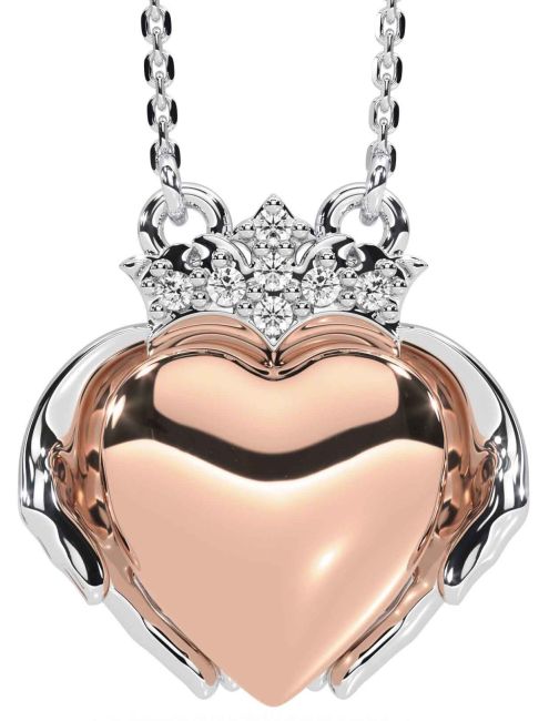 Diamond Rose Gold Silver Claddagh Necklace