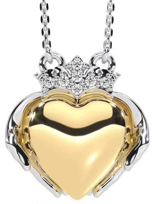 Diamond White Yellow Gold Claddagh Necklace