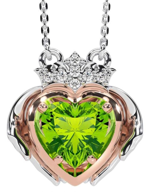 Diamond Peridot Rose Gold Silver Claddagh Necklace