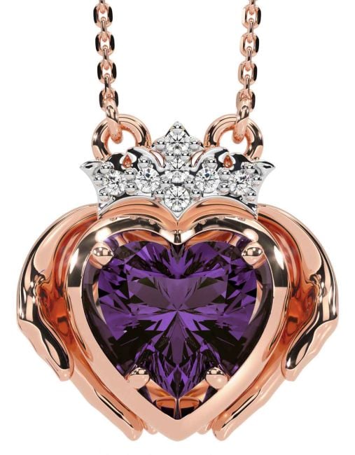 Diamond Alexandrite Rose Gold Silver Claddagh Necklace