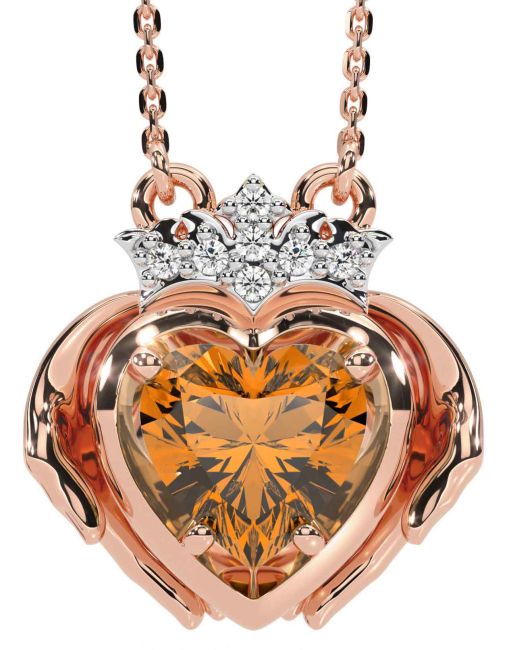 Diamond Citrine Rose Gold Silver Claddagh Necklace