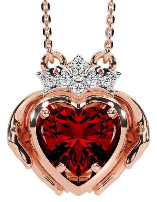 Diamond Garnet Rose Gold Silver Claddagh Necklace