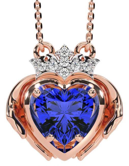 Diamond Sapphire Rose Gold Silver Claddagh Necklace