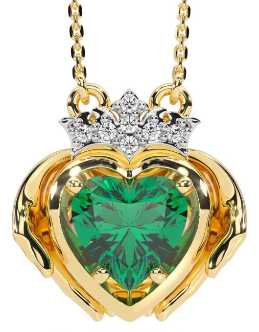 Diamond Emerald Gold Silver Claddagh Necklace
