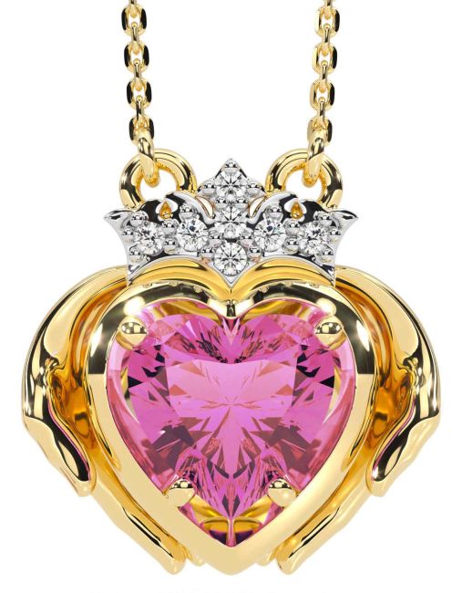 Diamond Pink Tourmaline Gold Silver Claddagh Necklace