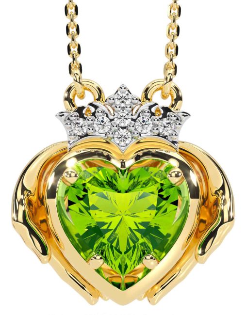 Diamond Peridot Gold Silver Claddagh Necklace