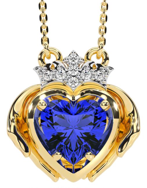 Diamond Sapphire Gold Silver Claddagh Necklace