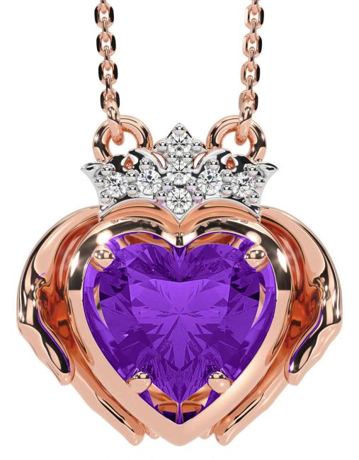 Diamond Amethyst Rose Gold Claddagh Necklace