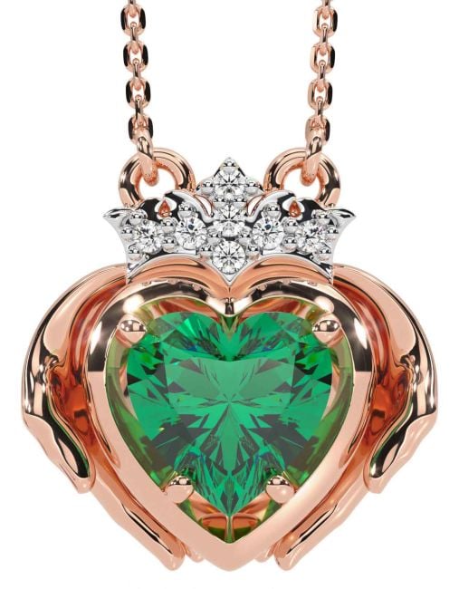 Diamond Emerald Rose Gold Claddagh Necklace