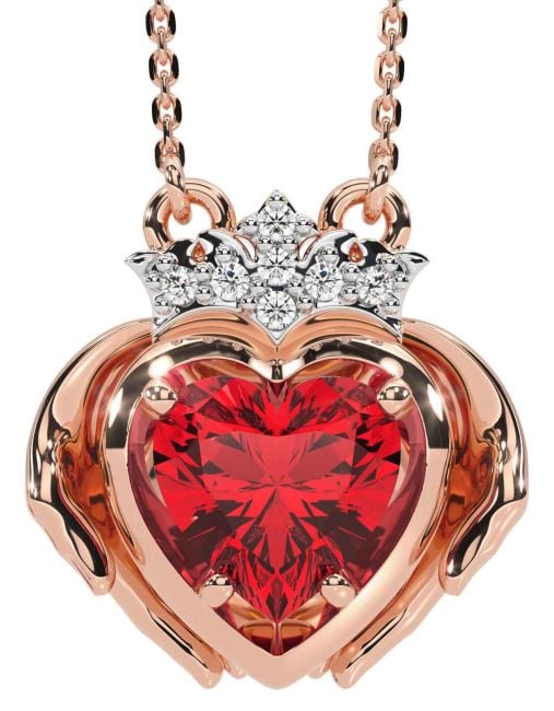 Diamond Ruby Rose Gold Claddagh Necklace