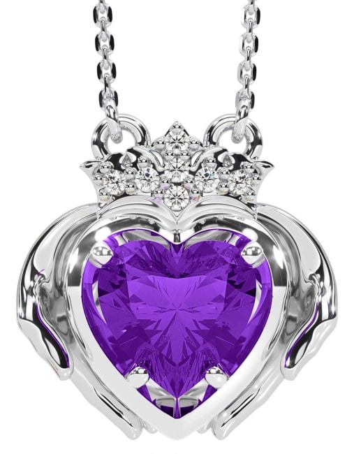 Diamond Amethyst Silver Claddagh Necklace