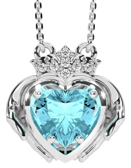 Diamond Aquamarine Silver Claddagh Necklace