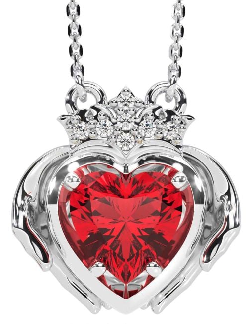 Diamond Ruby Silver Claddagh Necklace