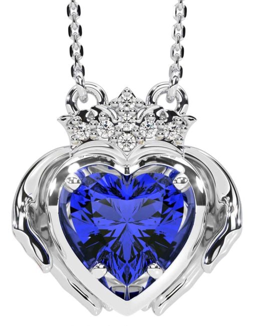 Diamond Sapphire Silver Claddagh Necklace