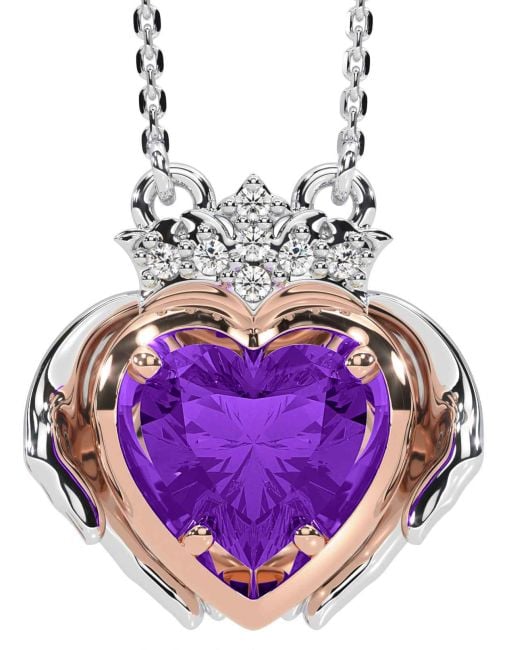 Diamond Amethyst Rose Gold Silver Claddagh Necklace