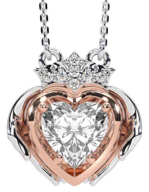 Diamond Rose Gold Silver Claddagh Necklace