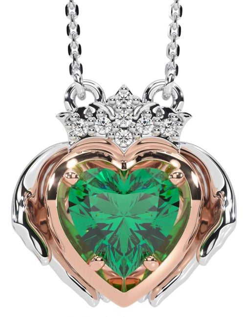 Diamant Smaragd Rose Gold Silber Claddagh Halskette