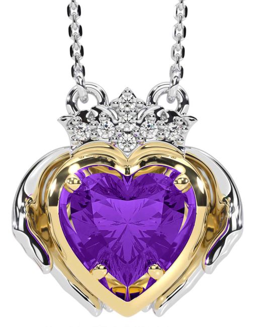 Diamond Amethyst Gold Silver Claddagh Necklace