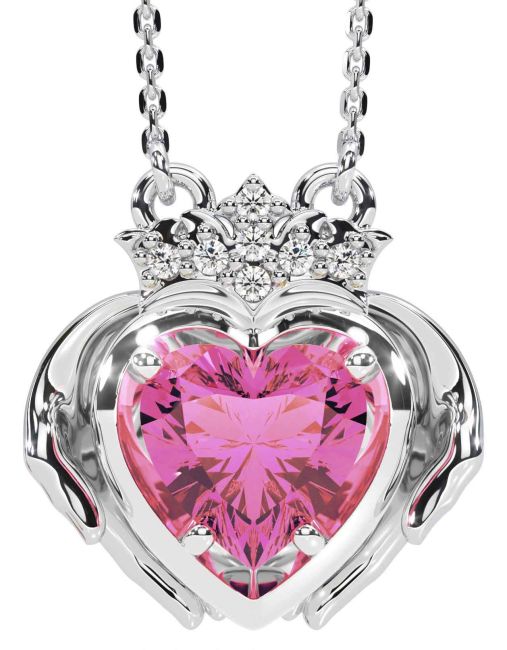 Diamond Pink Tourmaline White Gold Claddagh Necklace