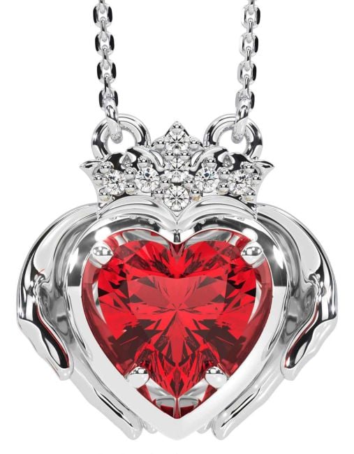 Diamond Ruby White Gold Claddagh Necklace