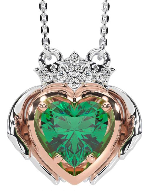 Diamond Emerald White Rose Gold Claddagh Necklace