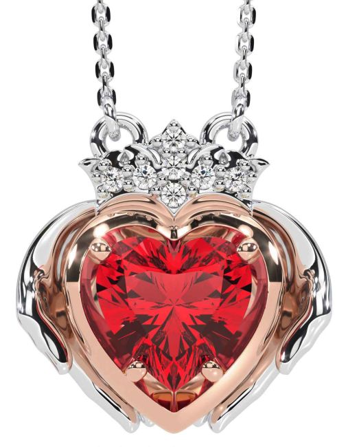 Diamond Ruby White Rose Gold Claddagh Necklace