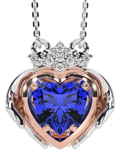 Diamond Sapphire White Rose Gold Claddagh Necklace