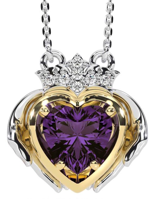 Diamond Alexandrite White Yellow Gold Claddagh Necklace