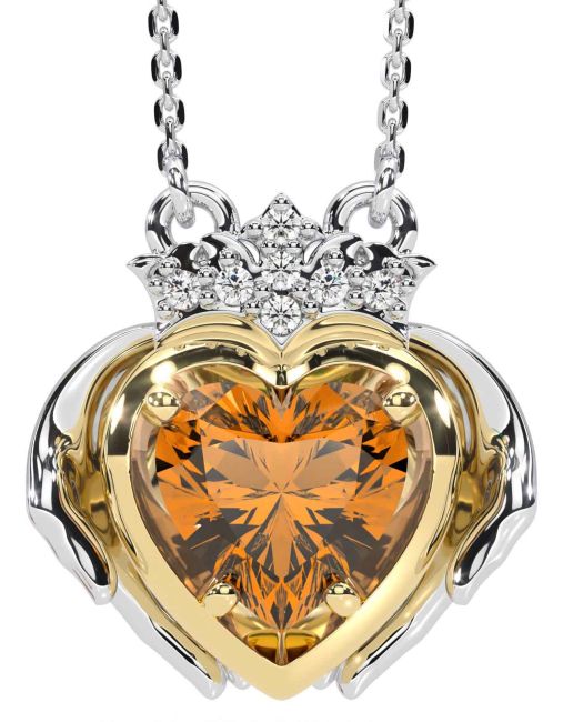 Diamond Citrine White Yellow Gold Claddagh Necklace