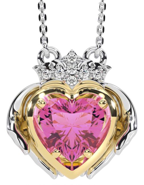 Diamond Pink Tourmaline White Yellow Gold Claddagh Necklace