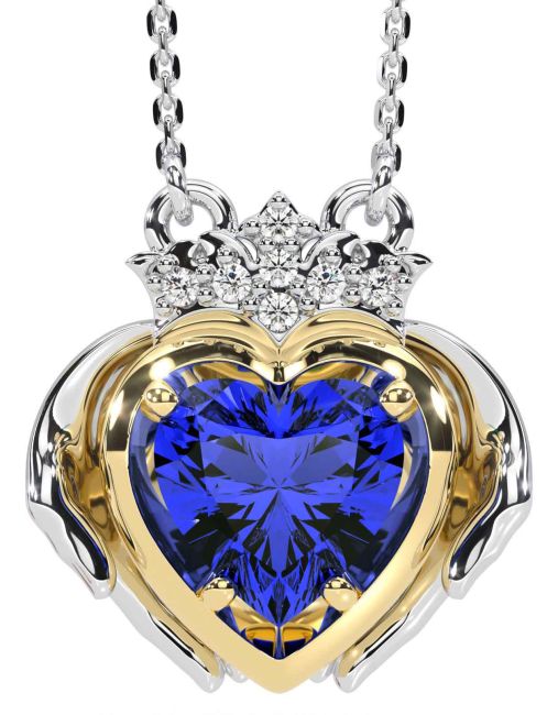 Diamond Sapphire White Yellow Gold Claddagh Necklace