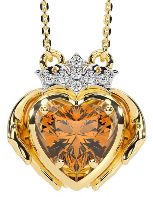 Diamond Citrine Gold Claddagh Necklace