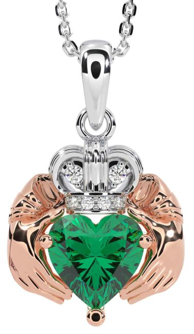 Diamond Emerald Rose Gold Silver Claddagh Necklace