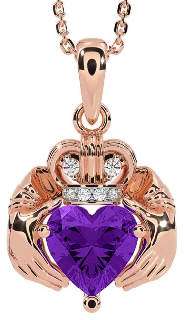 Diamond Amethyst Rose Gold Silver Claddagh Necklace