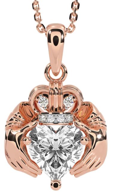 Diamond Rose Gold Silver Claddagh Necklace