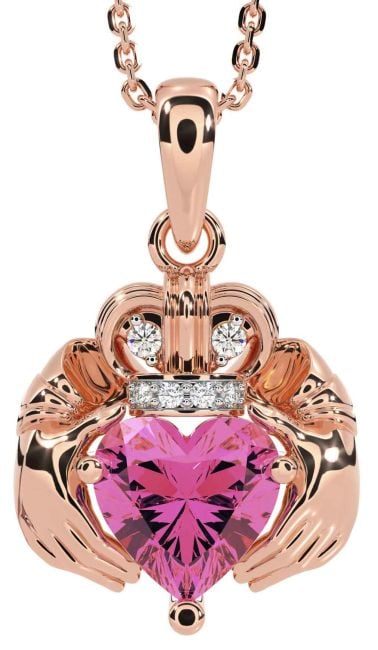 Diamond Pink Tourmaline Rose Gold Silver Claddagh Necklace