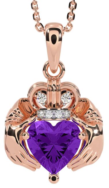 Diamond Amethyst Rose Gold Claddagh Necklace