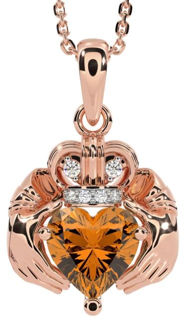 Diamond Citrine Rose Gold Claddagh Necklace