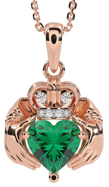 Diamond Emerald Rose Gold Claddagh Necklace